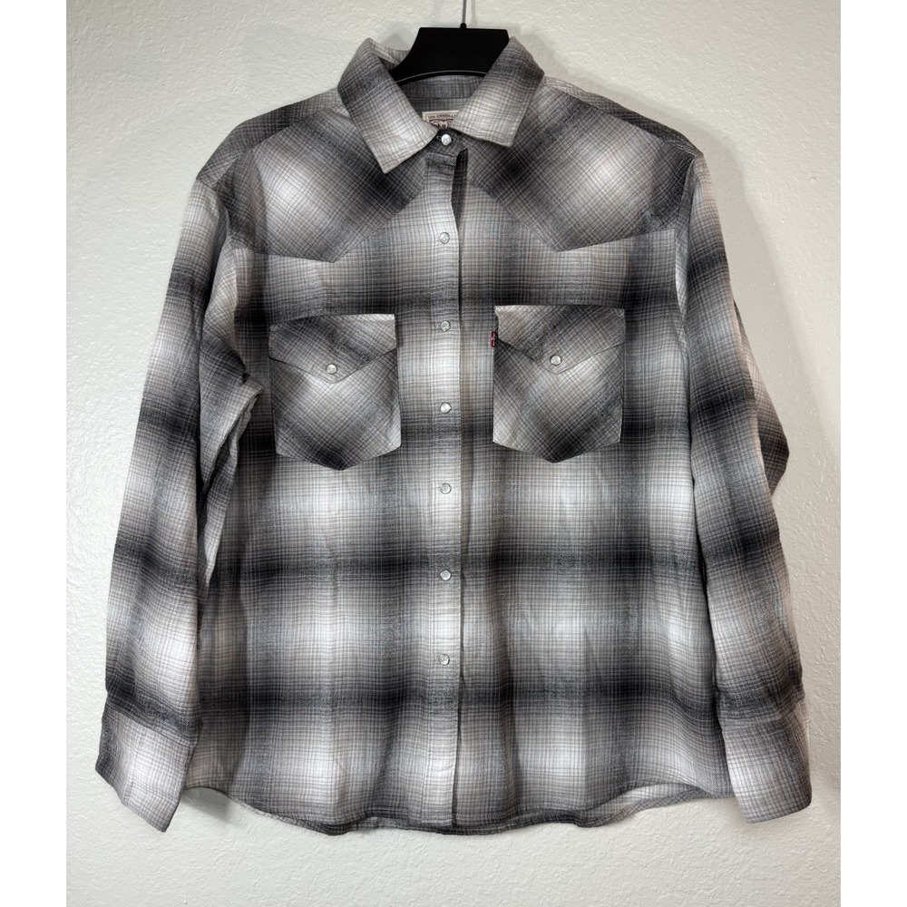 Levi's The Western Shirt Button snap Oversized Plaid Cotton Gray M Long Sleeve